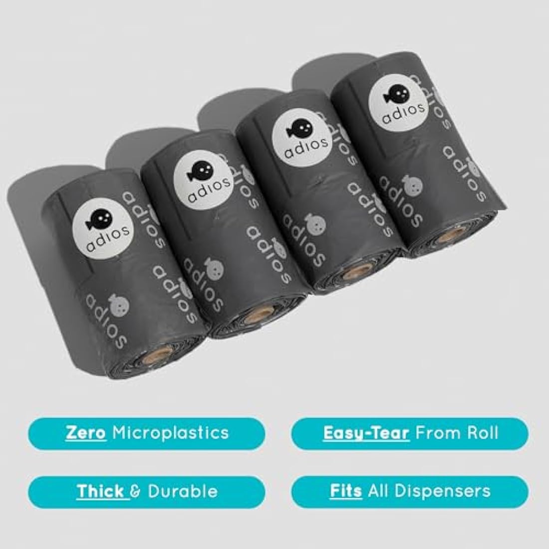 Adios Plastic - Compostable Dog Poop Bags with Handles, 360 Count (24 Rolls) - Grey - Extra Thick, Leakproof, Odour Proof Dog Waste Bags - Made from Compostable Cornstarch - Easy Tear Rolls