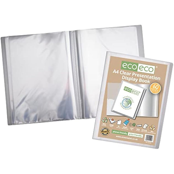 eco-eco A4 Size 50% Recycled 60 Pocket Clear Presentation Display Book, Storage Case Portfolio Art Folder with Plastic Sleeves, eco099