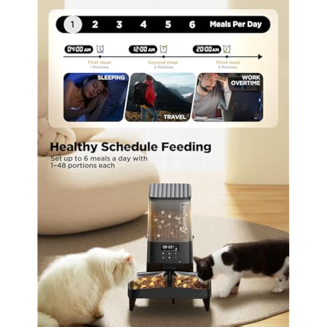 FEELNEEDY 5L Automatic Pet Feeder, Automatic Cat Feeder with Timer, Up to 6 Meals per Day with 2 Detachable Cat Bowls, Battery/Plug-in Power, 10s Voice Recording