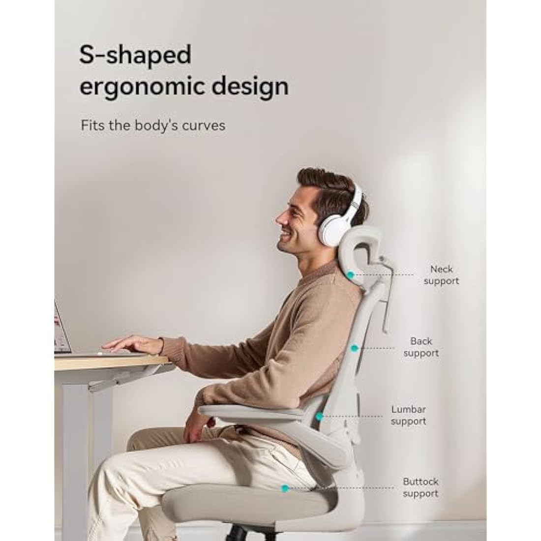 Hbada P1 Ergonomic Office Chair with Flip-Up Armrest, Swivel Computer Desk Chair with 2D Lumbar Support (Grey)
