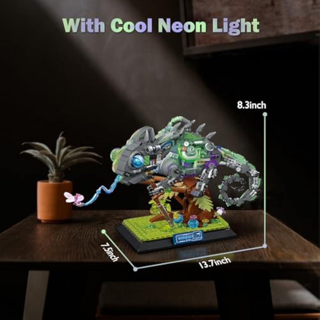 JMBricklayer Neon Body Mechanical Chameleon Building Sets 70124, Cool Animals Collectible Display Model Kits with Base, Creative Design Construction Toys Gifts for Boys Girls Adult (827 Pieces)