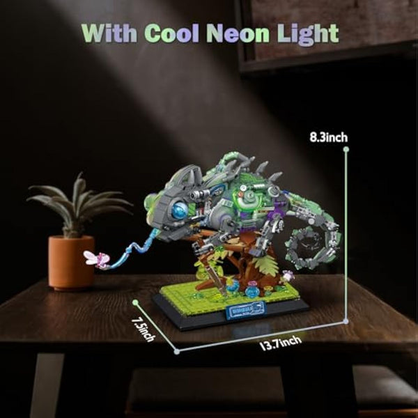 JMBricklayer Neon Body Mechanical Chameleon Building Sets 70124, Cool Animals Collectible Display Model Kits with Base, Creative Design Construction Toys Gifts for Boys Girls Adult (827 Pieces)