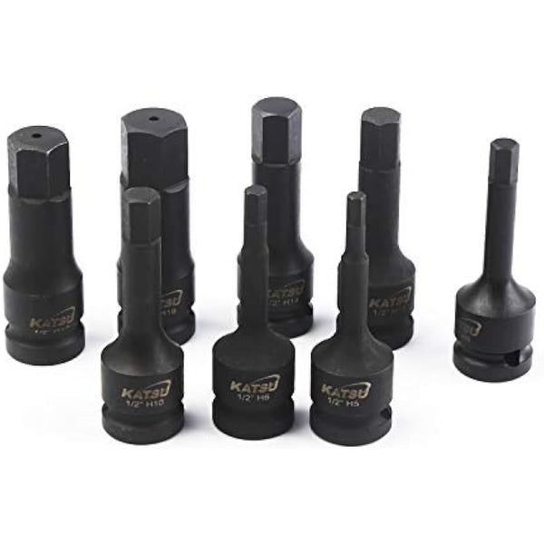 KATSU 1/2 Inch Drive Hex Allen Deep Impact Socket Set 8PCs 5-19mm Heavy Duty Metric Socket Bits, High Grade Chrome-Moly Steel, Automotive Trucks Tractors Engines Repairing Tool 420410