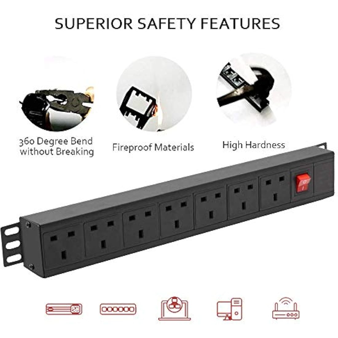 Extension Lead Power Strip, THOWALL 7 Way Extension Plug Sockets with Cable, Wall Mountable Power Socket, 13amp Power Distribution Unit Rack Mount with Mounting Brackets, Surge Protection,1,8M