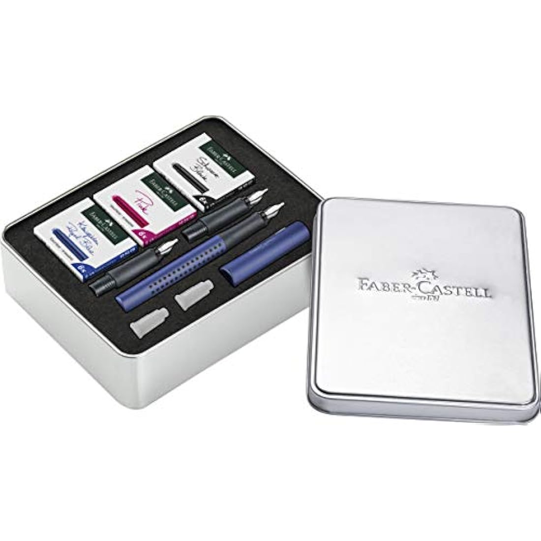 Faber-Castell 201507 Calligraphy Set Grip 2011, Fountain Pen with Three Different Nib Sizes, 6 Cartridges Each Black, Pink and Royal Blue