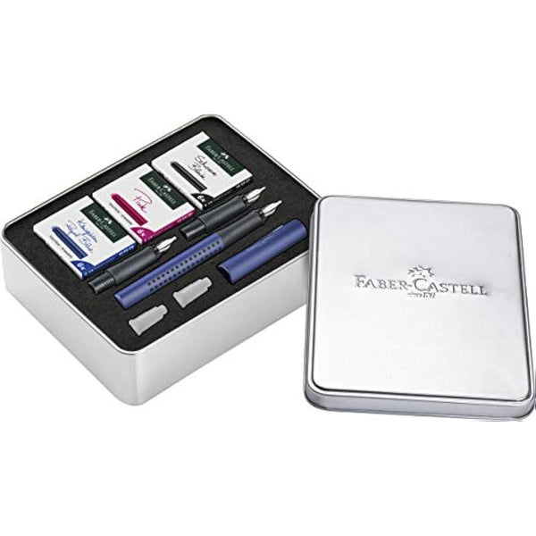 Faber-Castell 201507 Calligraphy Set Grip 2011, Fountain Pen with Three Different Nib Sizes, 6 Cartridges Each Black, Pink and Royal Blue