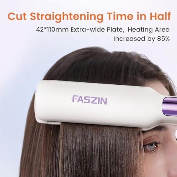 Faszin Professional Hair Straighteners, 42mm Wide-Plate Titanium Negative Ion Flat Iron, 30s Rapid Heating, Real-time Temperature Display, 11 Adjustable Temperature Levels (130-230℃)-White