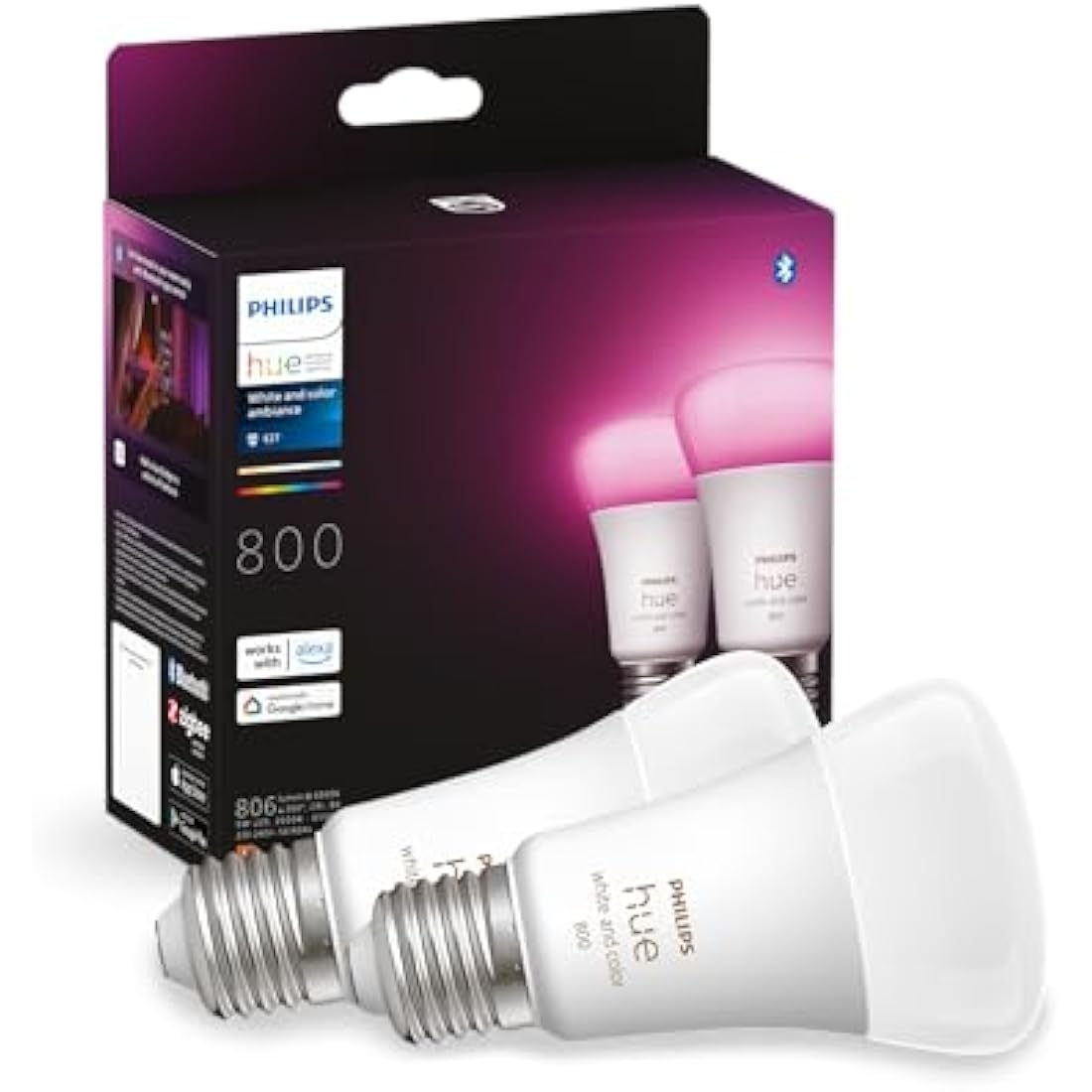 Philips Hue White and Colour Ambiance Smart Light Bulb 2 Pack 60W - 800 Lumen [E27 Edison Screw] with Bluetooth. Works with Alexa, Google Assistant and Apple Homekit