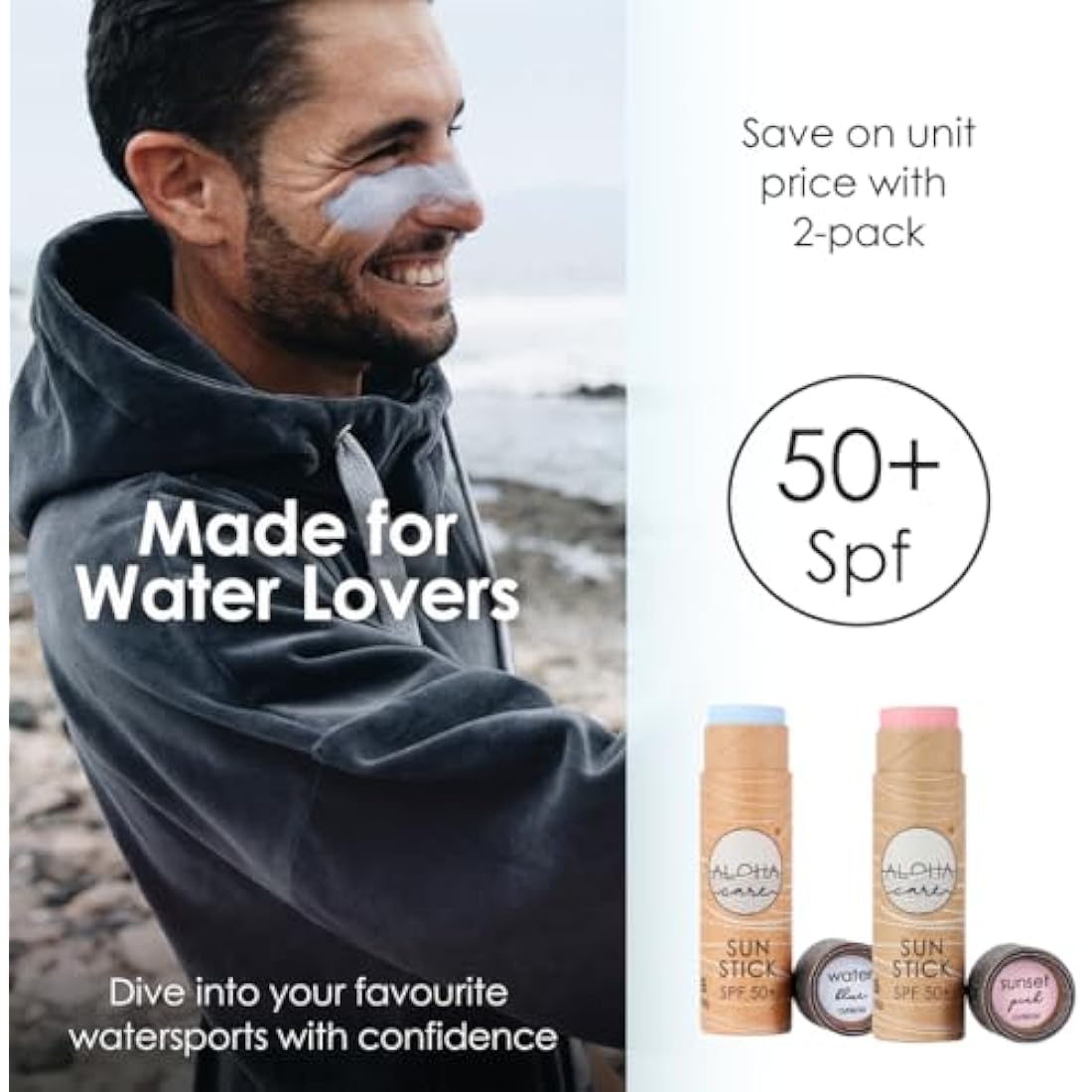 Aloha Sun Stick SPF 50+, Ideal for Water Sports & Surfing | Mineral Sunscreen Stick SPF 50 Face, Sunblock Stick, Sun Block Sticks for Face, SPF Stick, Zinc Stick Alternative Sunstick, 2pcs blue + pink
