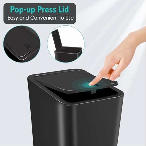 Kssvzz 3 Pack Small Bathroom Bin with Lid, 10L Plastic Touch Top Bedroom Bin, Slim Toilet Bin Anti-Odour, Square Waste Bin for Kitchen/Office, Fits Under Sink/Desk/Cabinet (Black)