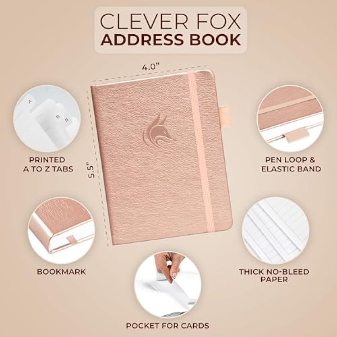 Clever Fox Address Book with alphabetic tabs - PU Leather Telephone and Address Book for Keeping Contacts Safe, Contact Organizer Journal, Small Size (10.5 x 14cm), Hardcover, Rose Gold