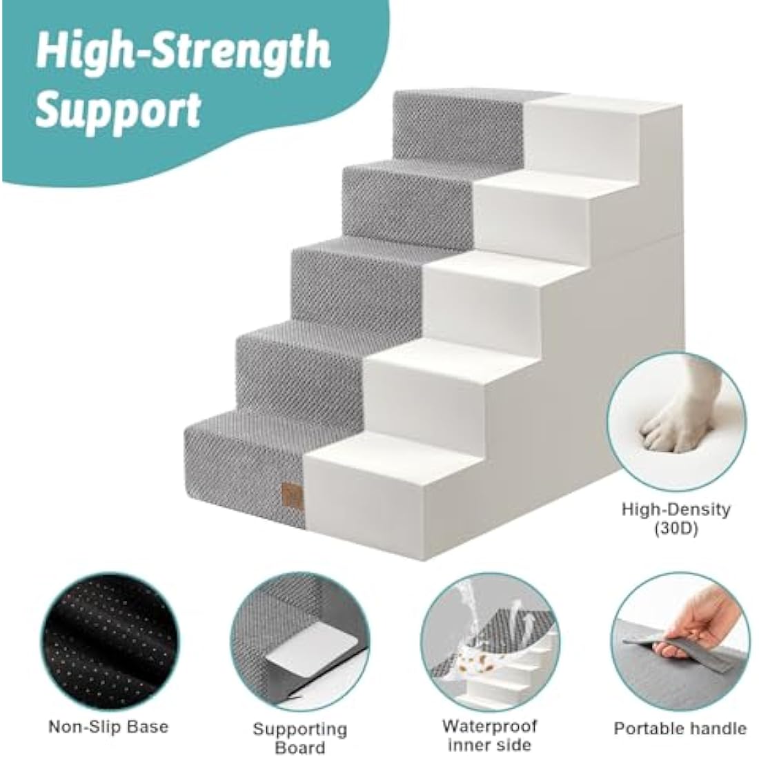 COZY KISS Wide Dog Stairs for Small Dogs, 2-in-1 Pet Steps for Couch Bed Sofa, 60cm High Non-Slip Dog Climbing Steps for Puppies and Old Cats with Support Board (Grey, 75x50x60cm, 5)