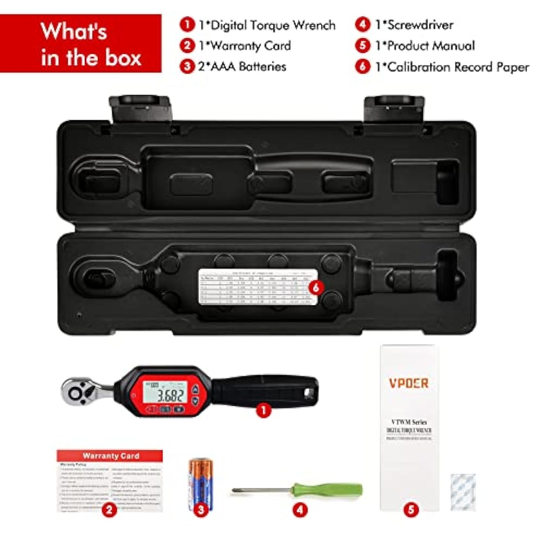 VPOER Digital Torque Wrench 1/4-inch Drive, 0.22-7.37 ft-lbs (0.3-10 Nm) (2.65-88.5 inch Pound) with Buzzer & LED, Calibrated
