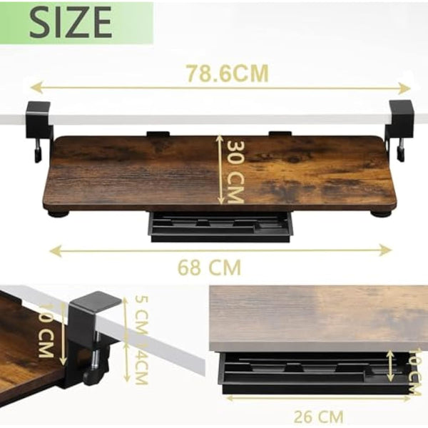 ETHU Under Desk Keyboard Tray, 68x30cm Ergonomic Pull-out Tray with C-Clamp Large Size Keyboard Tray Mount Easy to Install, Computer Keyboard Stand for Home and Office（Walnut）