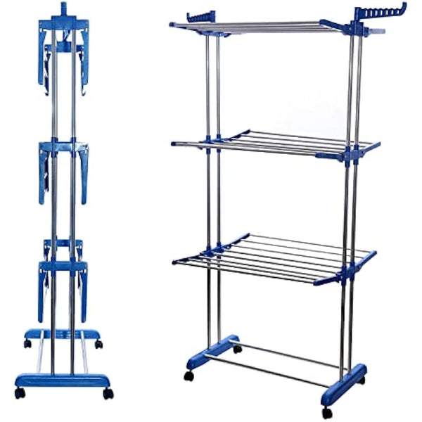 IFJA 4 Tier Airer Clothes Drying Rack | Adjustable Rolling Stainless Steel Laundry Rack Stand with Foldable Wings Casters for Indoor Outdoor | Garments Blue Hanger with Retractable Trays | 74x170x48cm