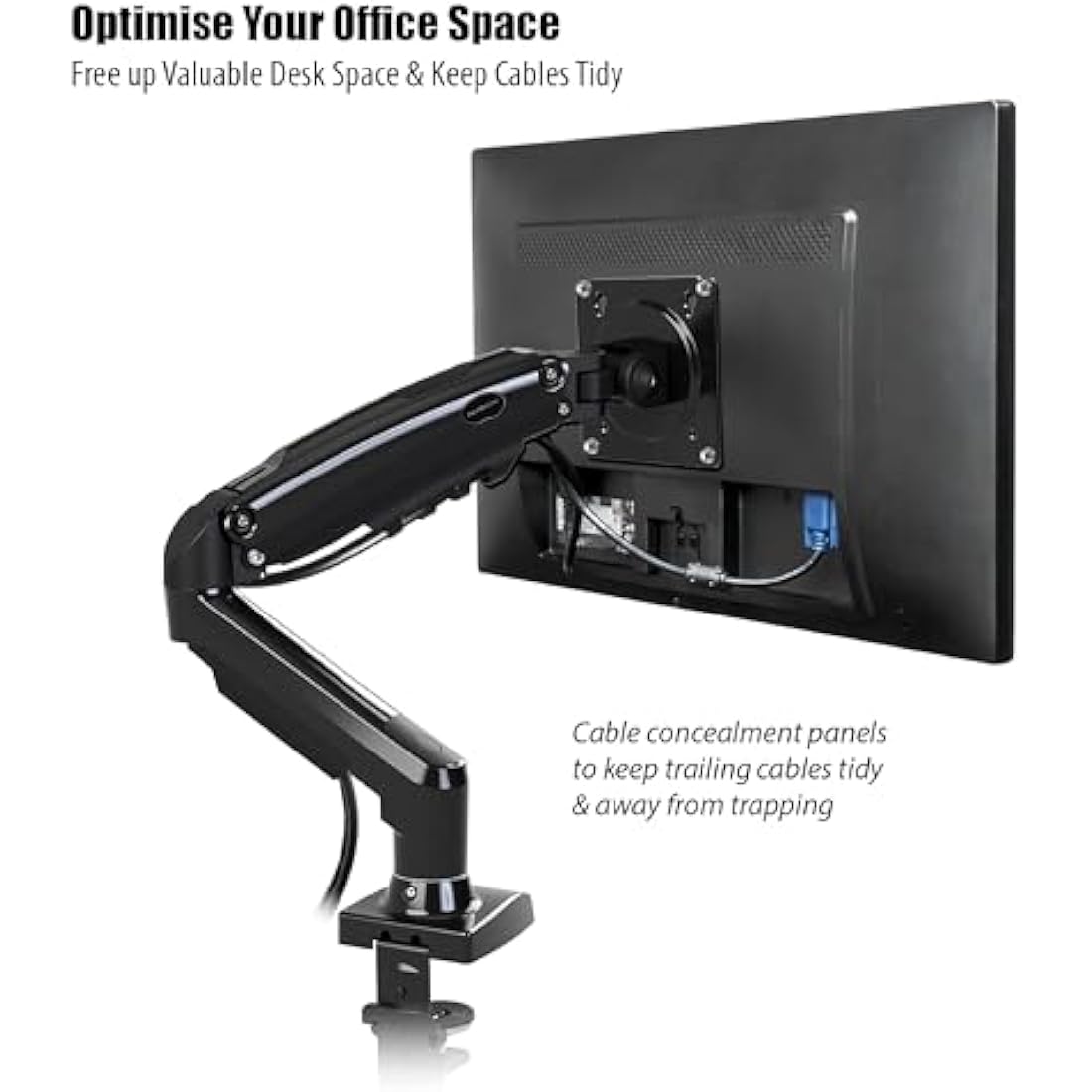 Invision PC Monitor Arm Ergonomic Height Adjustable Gas Assisted Full Motion | Single Arm Desktop Clamp Mount for 17–27” Screens with Tilt Swivel Extend | VESA 75mm/100mm Weight 2kg-6.5kg (MX150)