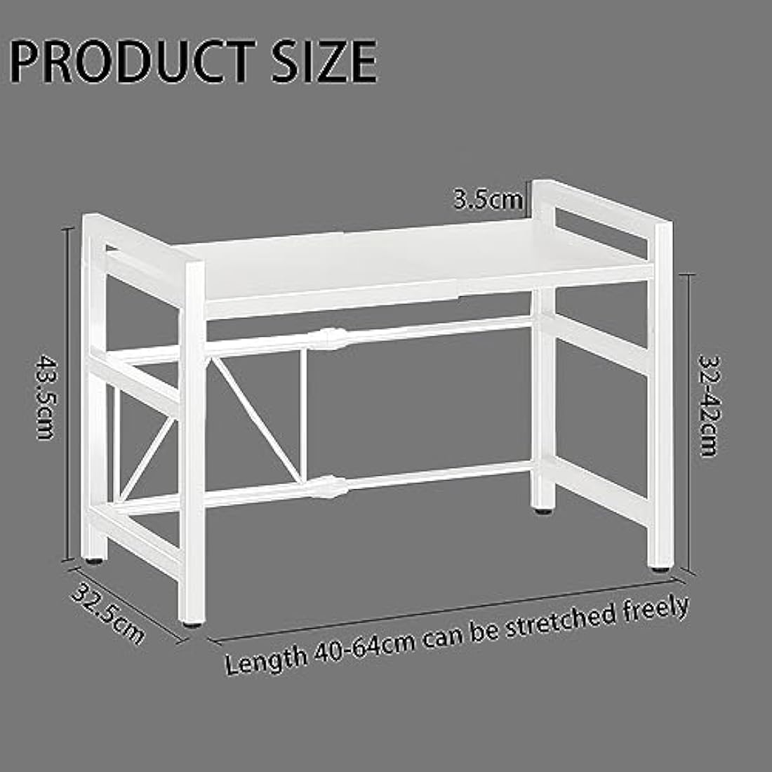 Expandable Microwave Oven Rack 2 Tier microwave shelf, Adjustable Carbon Steel Microwave Shelf,with 6 hooks Kitchen Counter Organizer Shelf Stand,Pot Pan Grill Storage Racks, Width 40-64cm white