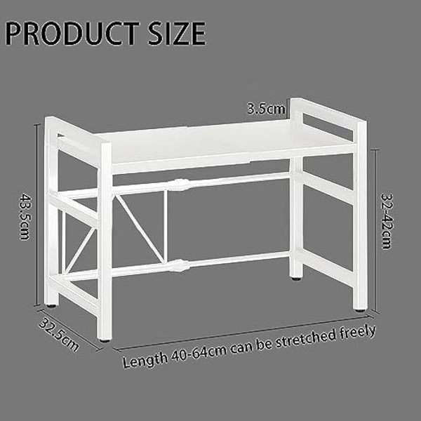 Expandable Microwave Oven Rack 2 Tier microwave shelf, Adjustable Carbon Steel Microwave Shelf,with 6 hooks Kitchen Counter Organizer Shelf Stand,Pot Pan Grill Storage Racks, Width 40-64cm white