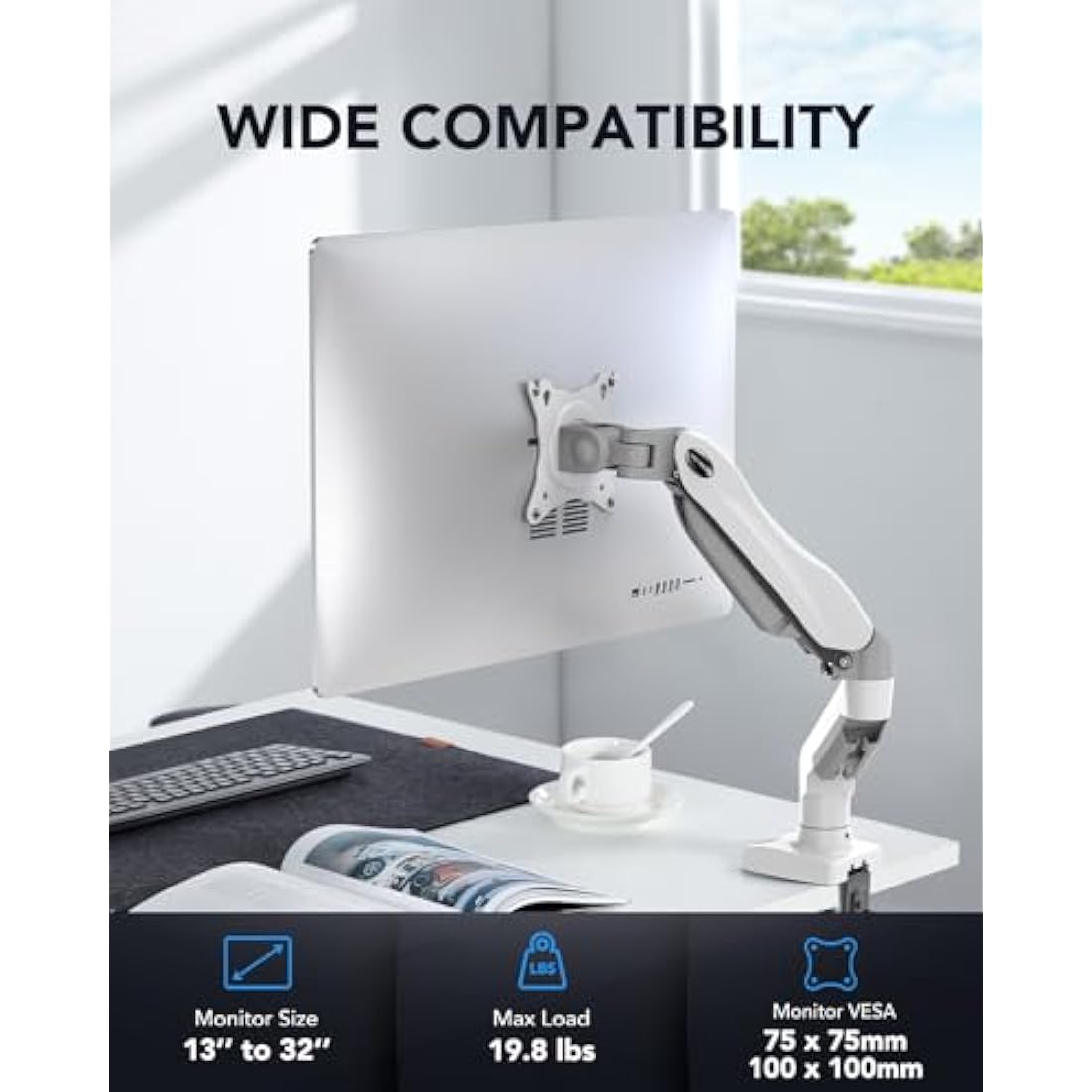 HUANUO Single Monitor Arm, 13 to 32 Inch White Monitor Mount, Adjustable Arm Fits 19.8lbs Computer Screens, 75 & 100mm Vesa Mount with Clamp and Grommet Base