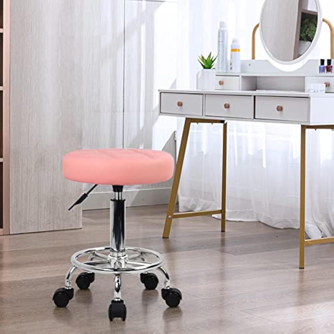 KKTONER Round Rolling Stool Chair PU Leather Height Adjustable Swivel Drafting Work SPA Shop Salon Stools with Wheels Office Chair Small (Pink)