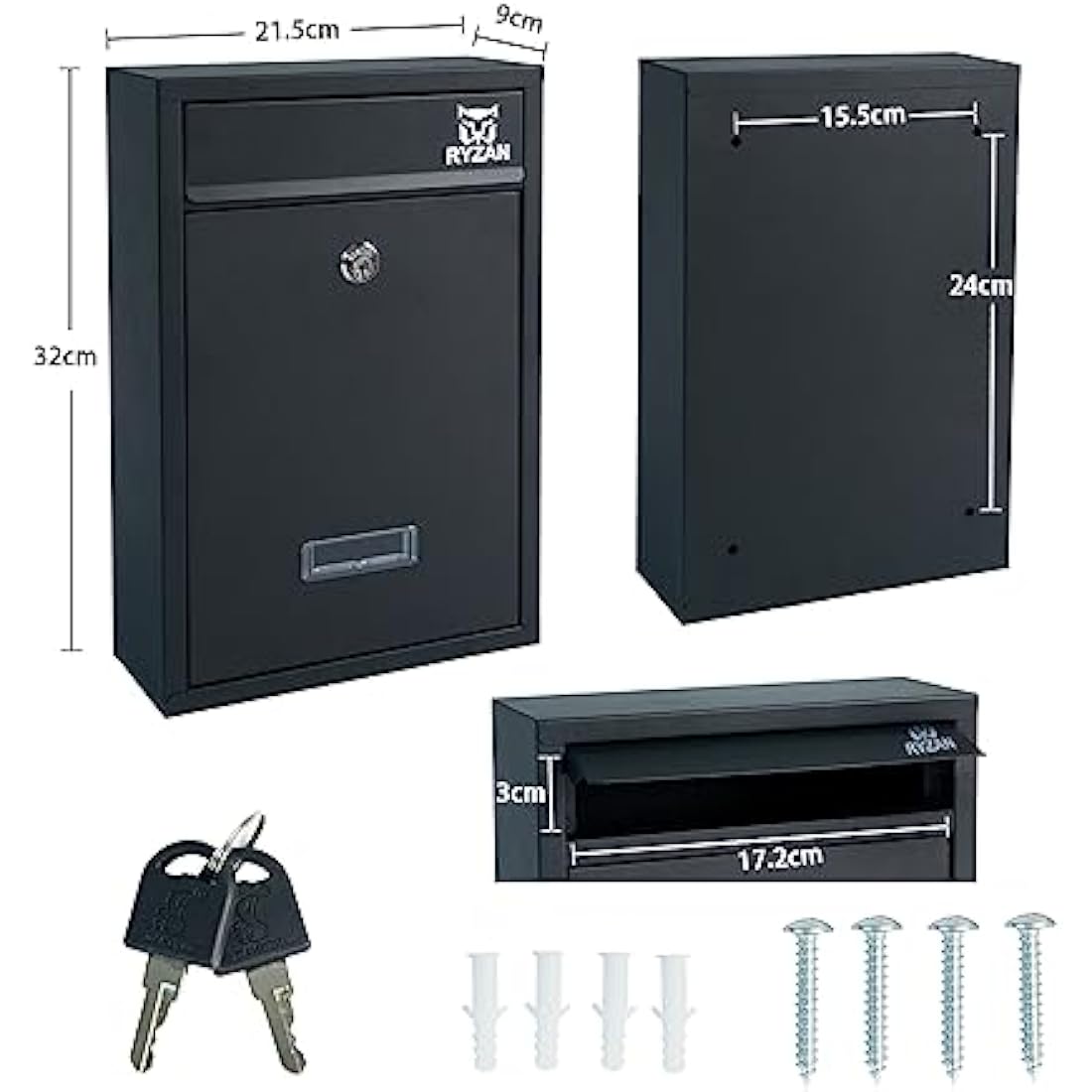 RYZAN Wall Mounted Mailbox Steel Postbox Modern Delivery Letterbox For Outside With Nameplate Easy To Install Lockable Weatherproof Large Letter Post Mail ‎8.5 x 21.5 x 32 cm Outdoor With Keys, Black