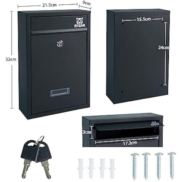 RYZAN Wall Mounted Mailbox Steel Postbox Modern Delivery Letterbox For Outside With Nameplate Easy To Install Lockable Weatherproof Large Letter Post Mail ‎8.5 x 21.5 x 32 cm Outdoor With Keys, Black