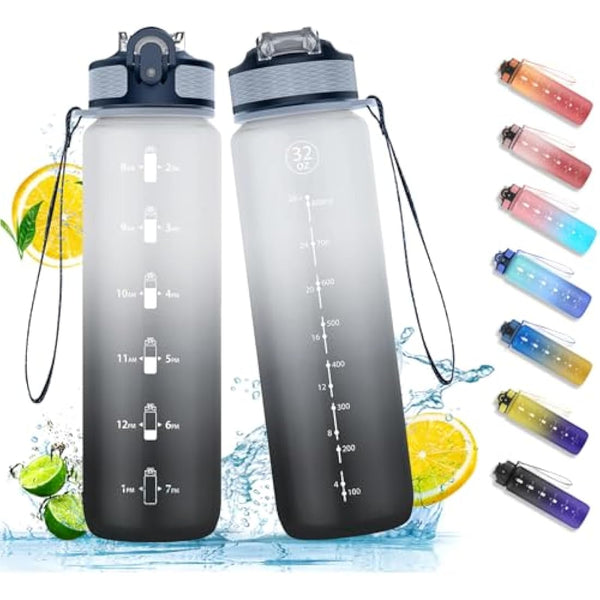 NAVTUE Water Bottle, 1L Sports Water Bottle with Straw, Time Markings, Leak Proof, Tritan BPA free for School, Cycling, Running (1 Bottle)