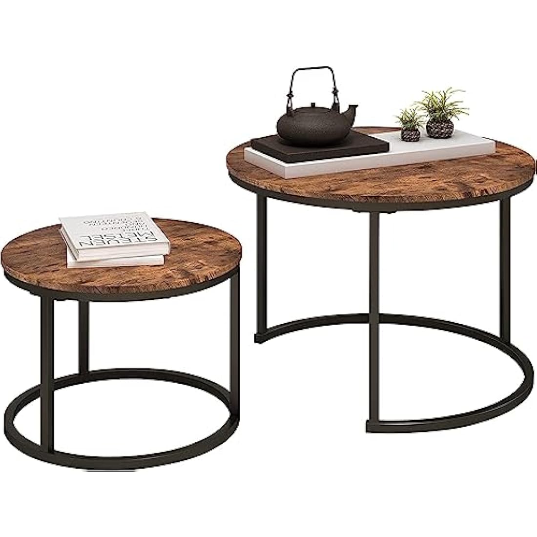 DUMEE Round Coffee Table, Set of 2 Side Table Nesting Table with Steel Frame and Wooden Top, for Living Room, Bedroom, Balcony, (Rustic Brown/Black, Dia 60/40cm)