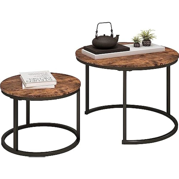 DUMEE Round Coffee Table, Set of 2 Side Table Nesting Table with Steel Frame and Wooden Top, for Living Room, Bedroom, Balcony, (Rustic Brown/Black, Dia 60/40cm)
