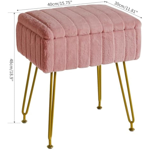 IBUYKE Stool Chair with Storage Space, Footrest Footstool Ottoman, Small Side Table, with 4 Metal Legs, with Anti-Slip Feet, for Makeup Room, Bedroom, Faux Fur, Pink L/G-50P