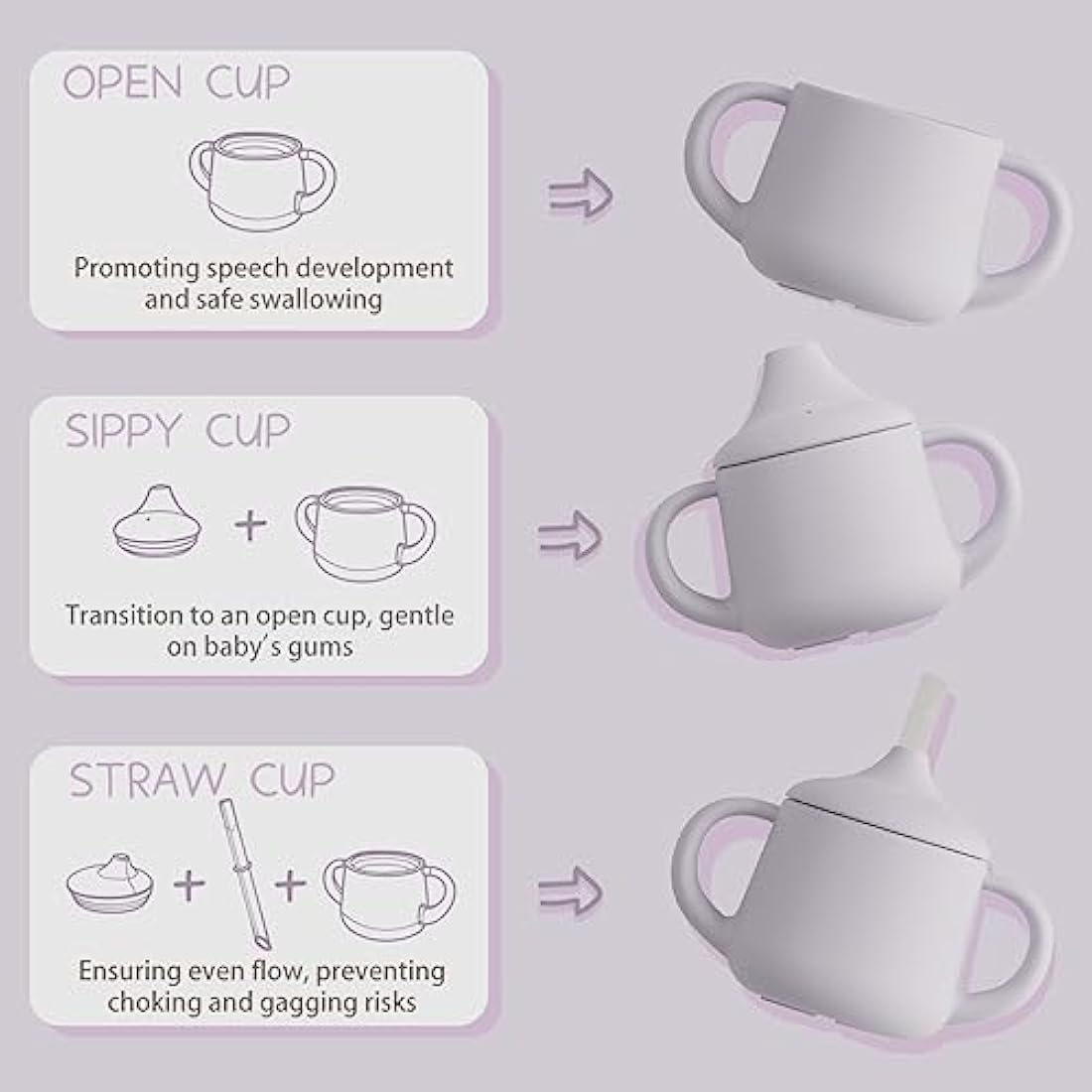 Moonkie Silicone Baby Sippy Cup 6+ Months with 2 Straws (Free Flow & Leak-Proof Valve) | 3 Stage Transition | Baby Water Bottle | BPA Free & Dishwasher Safe | 120ml(Mauve)