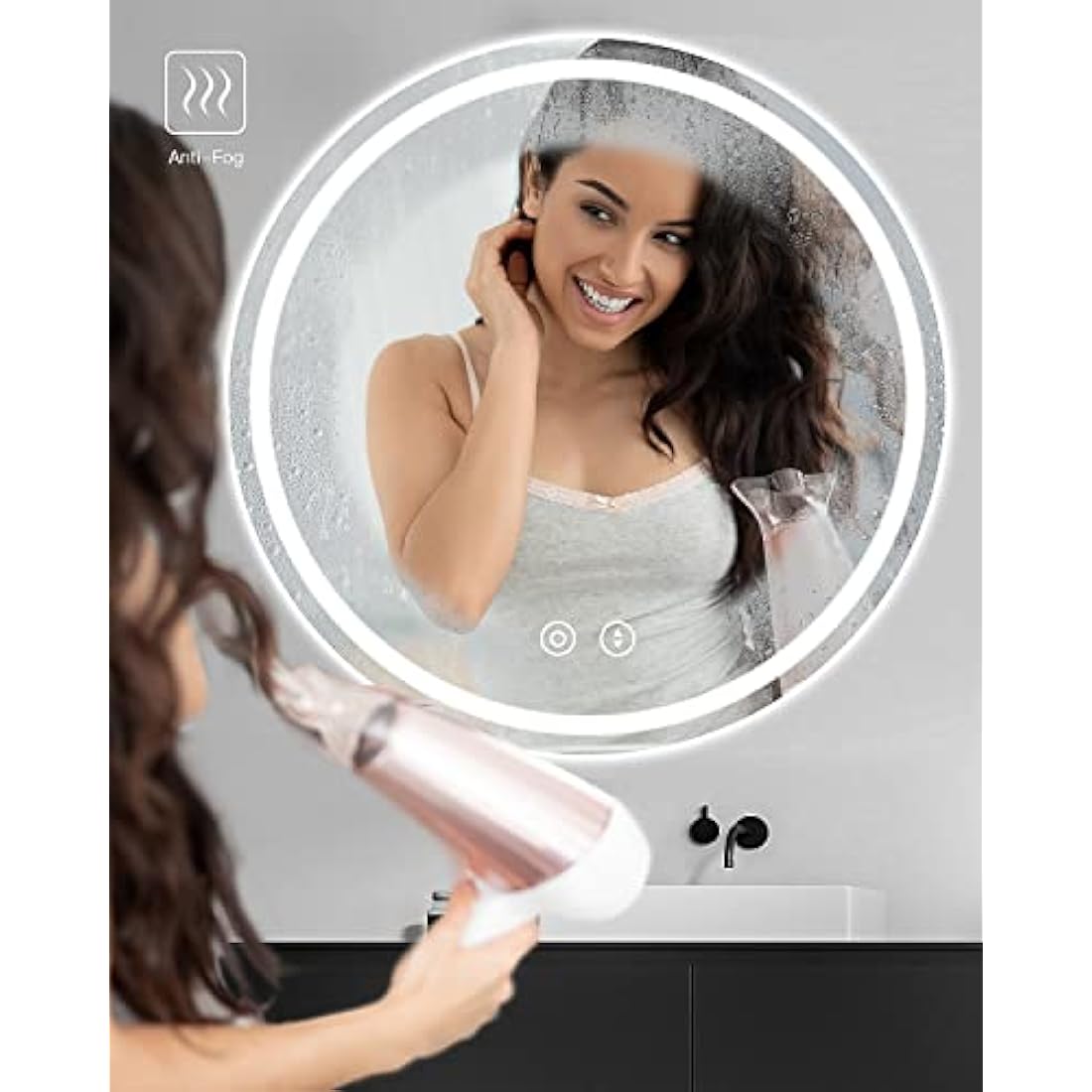 Dripex 700mm Round Bathroom Mirror with LED Light, Illuminated Circle Makeup Vanity Mirror with Demister Pad, Anti-fog, 3 Lighting Modes, Dimmable, Wall Mounted, Front+Backlit, IP44