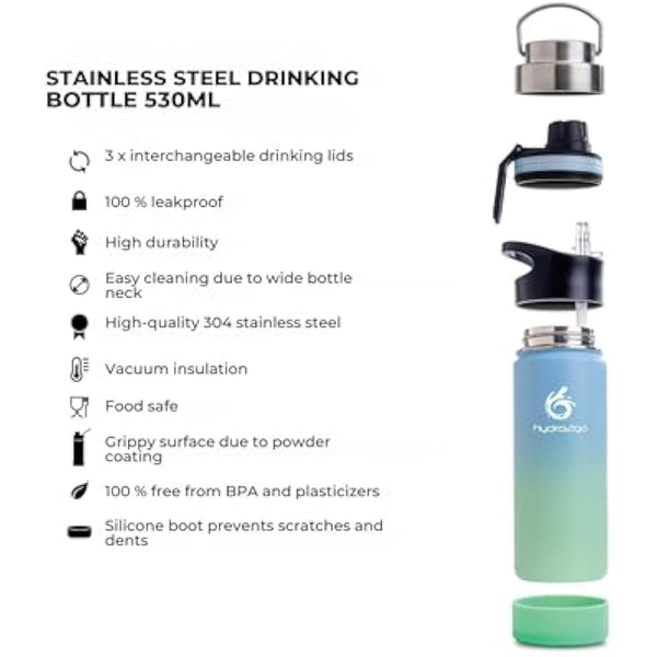 hydro2go Stainless Steel Water Bottle – BPA-Free Bottle for Kids, School, Sports & Outdoor – Keeps Drinks Hot for up to 12H and Cold for up to 24H – Includes 3 Drinking Caps – 530ml (Lagoon)