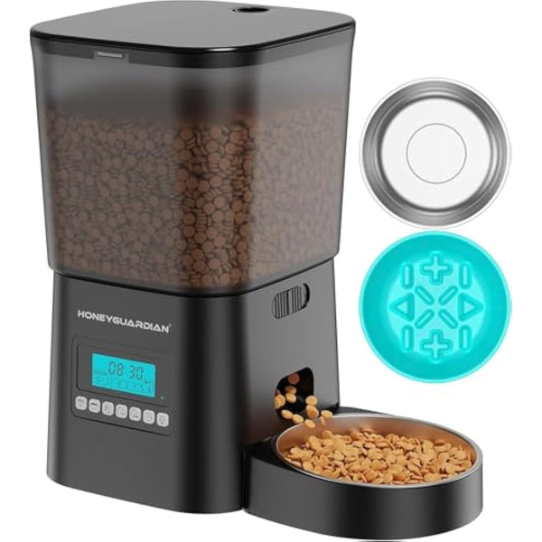 HoneyGuaridan Automatic Cat Feeder with Timer, 3.5L Dry Cat Food Dispenser, Timed Dog Feeder with Stainless Steel & Slow Feeder Bowl, Dual Power Supply with Desiccant, 1-6 Meals/day for Cats Dogs