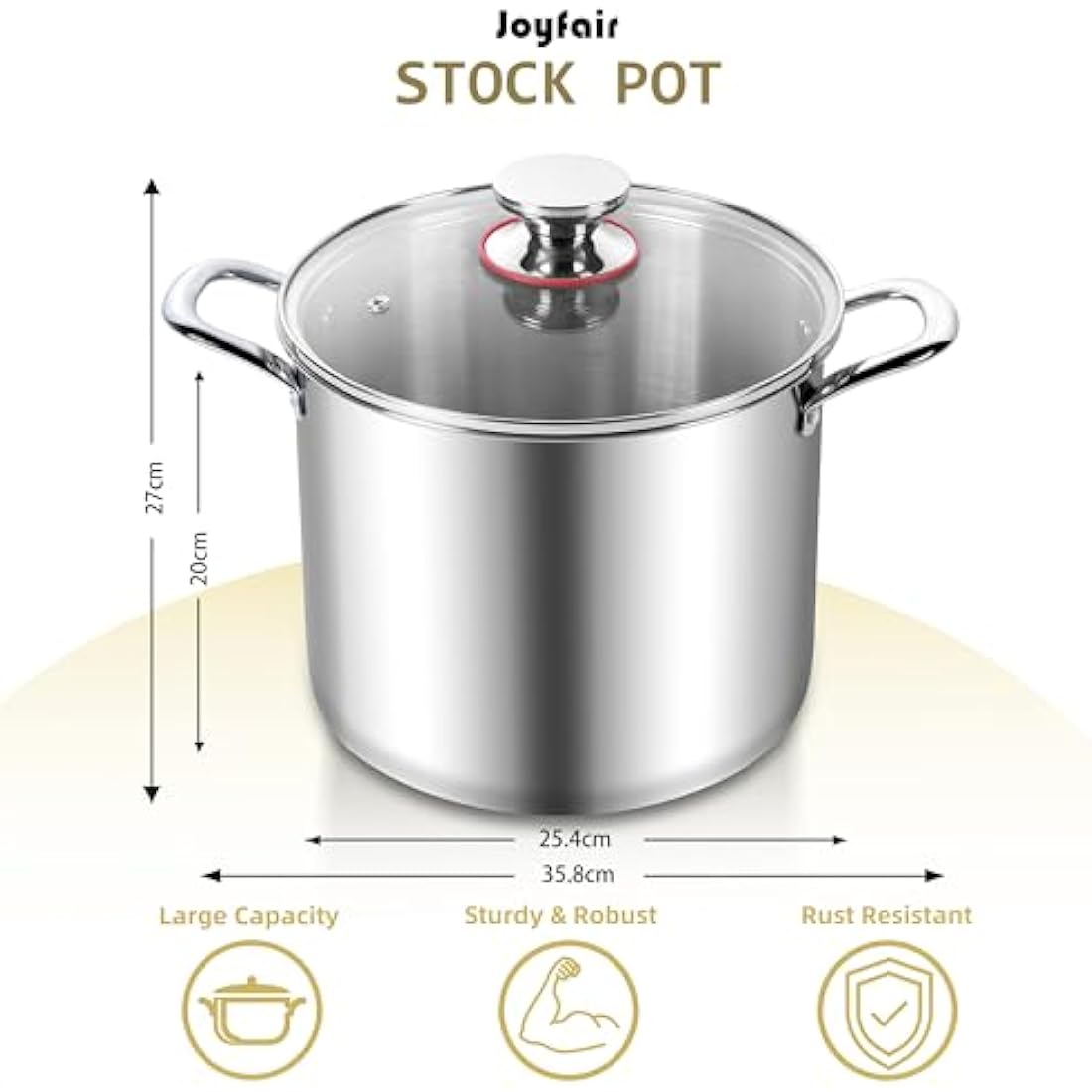 Joyfair Large Stock Pot, 10L Tri-Ply Stainless Steel Stockpot with Glass Lid, Induction/Gas/Ceramic/Electric/Halogen Safe Soup Pot for Simmering Stewing, Heavy-Duty & Riveted Handles & Easy Clean