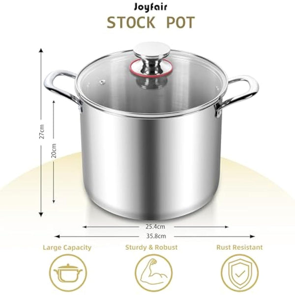 Joyfair Large Stock Pot, 10L Tri-Ply Stainless Steel Stockpot with Glass Lid, Induction/Gas/Ceramic/Electric/Halogen Safe Soup Pot for Simmering Stewing, Heavy-Duty & Riveted Handles & Easy Clean