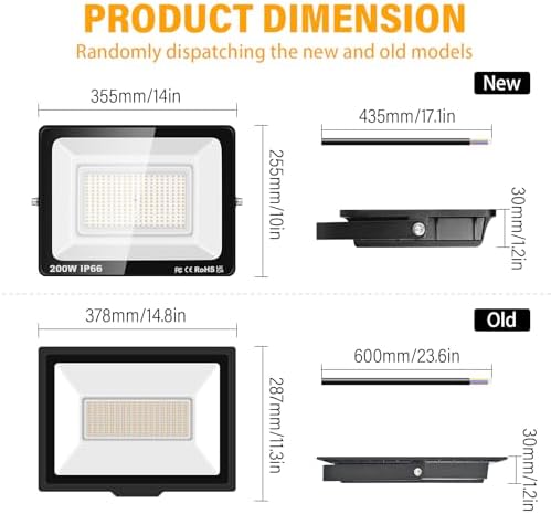 RIGIDON 1 Pcs Outdoor Flood LED Work Light, 200W 20000 Lumens Floodlight, Daylight Warm White Security Lights for Garden Yard Lawn Basketball Football Court Patio Landscape, IP66 Waterproof 3000K