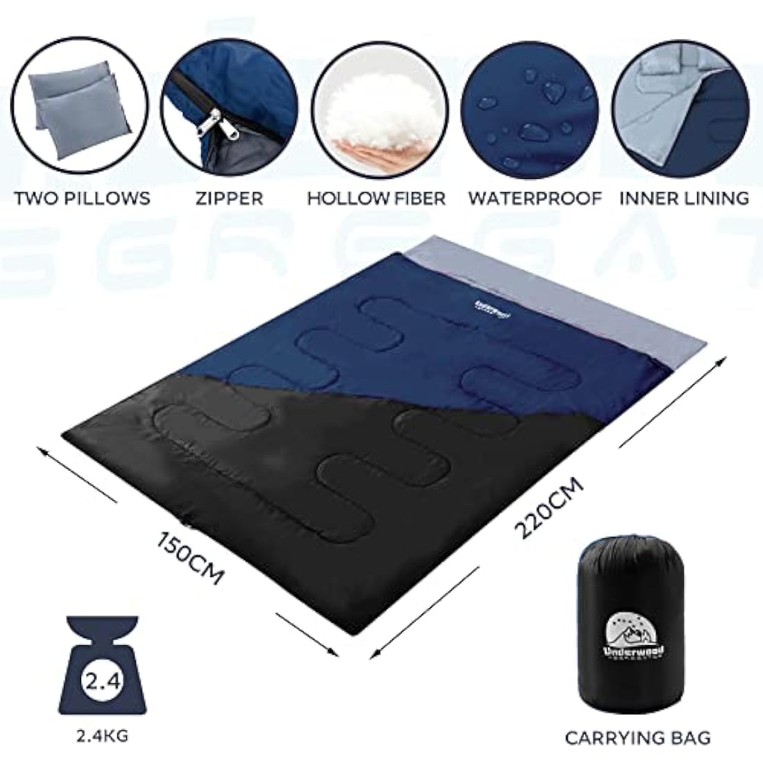 Double Sleeping Bag for Adults and Kids - Lightweight SleepingBag with 2 Pillows, 2 Man Large Sleeping bag for Camping, Waterproof 3 Season Sleeping Bag for Outdoor, Hiking by Underwood-Aggregator