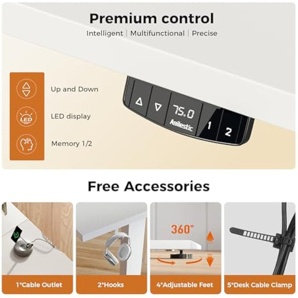 Agilestic L-Shaped Electric Standing Desk, 140cm Height Adjustable Sit-Stand Desk for Home Office, Ergonomic Computer Desk with Spliced Board, White