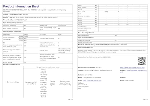 Hoover Free Standing Cube Fridge Freezer, 4 Doors, No Frost, E Class, 463L Total Capacity, Non Plumbed, Silver 83x65x181cm - HHCR3818EWPL