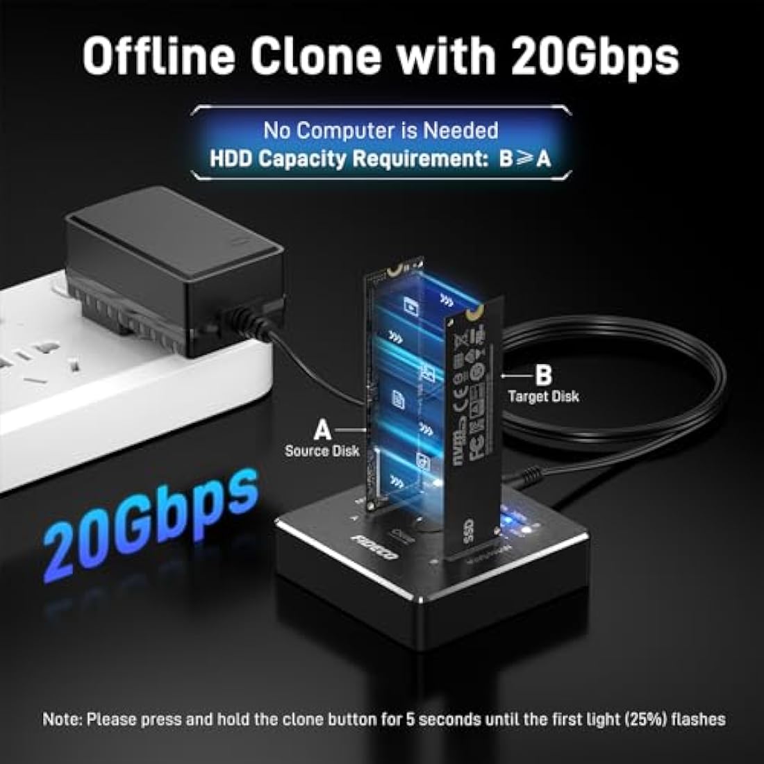 FIDECO M.2 NVMe SATA SSD Cloner Dock, USB 3.2 Gen 2, 20Gbps Dual NVMe SATA SSD Dock, NVMe SSD Cloner, Support Offline Clone, UASP and TRIM, Aluminum Design