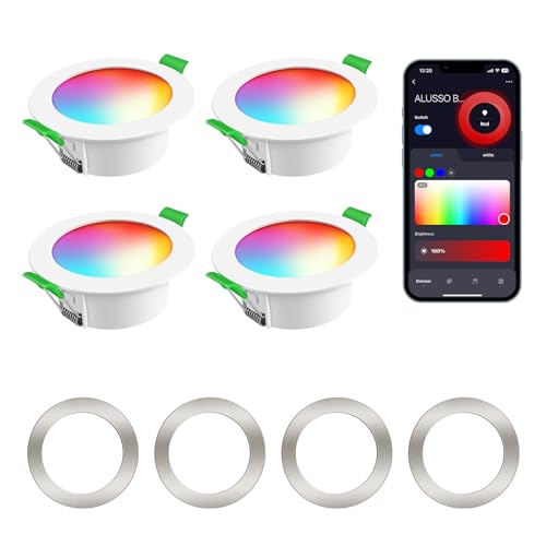ALUSSO 4 Pack LED Ceiling Light,6W RGB WiFi Recessed Downlights Dimmable, IP44 Spotlights 3000K-6500K,APP Control for Bedroom,Kitchen,Living Room