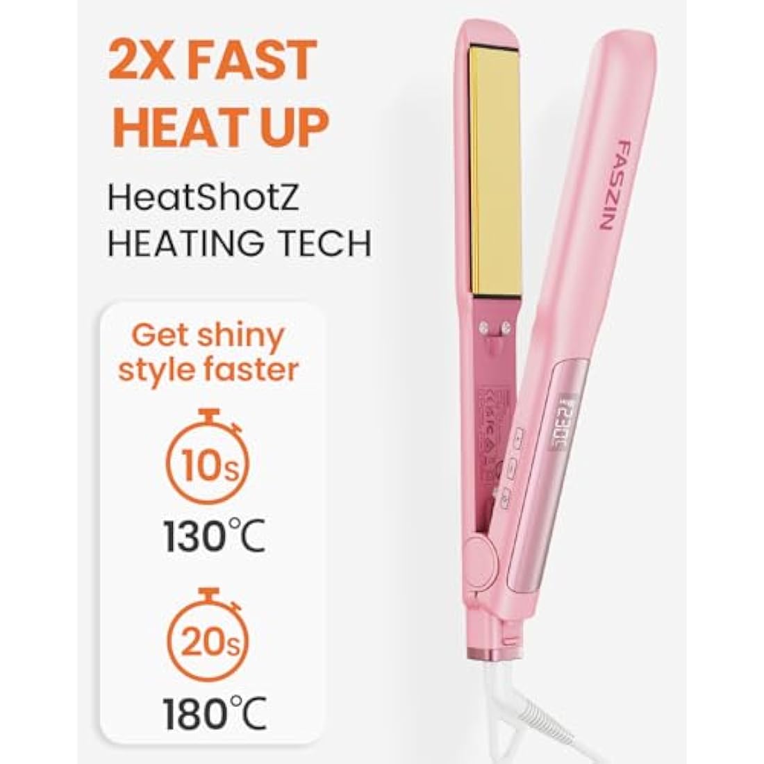 Faszin Hair Straighteners, Ionic Titanium Plate for Smooth Shiny Results, 20S Fast Heat Up Flat Iron, Clear LCD Display (Pink)