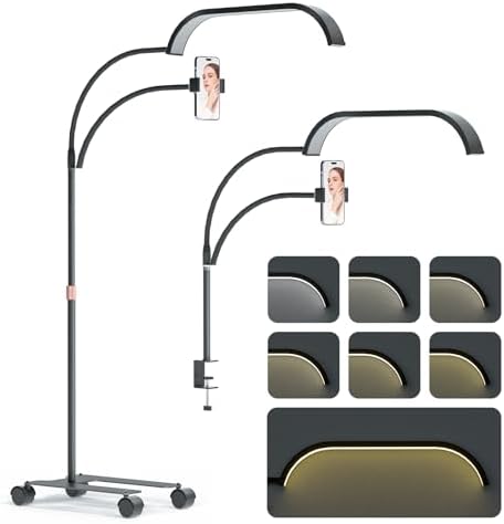 Lmaqfum Lash Light for Eyelash Extensions, 2 in 1 Half Moon Lamp with Phone Holder & 50cm Swing Arm, 7 Colours & Stepless Dimming, Esthetician Light with Wheel Stand for Eyelash Extension