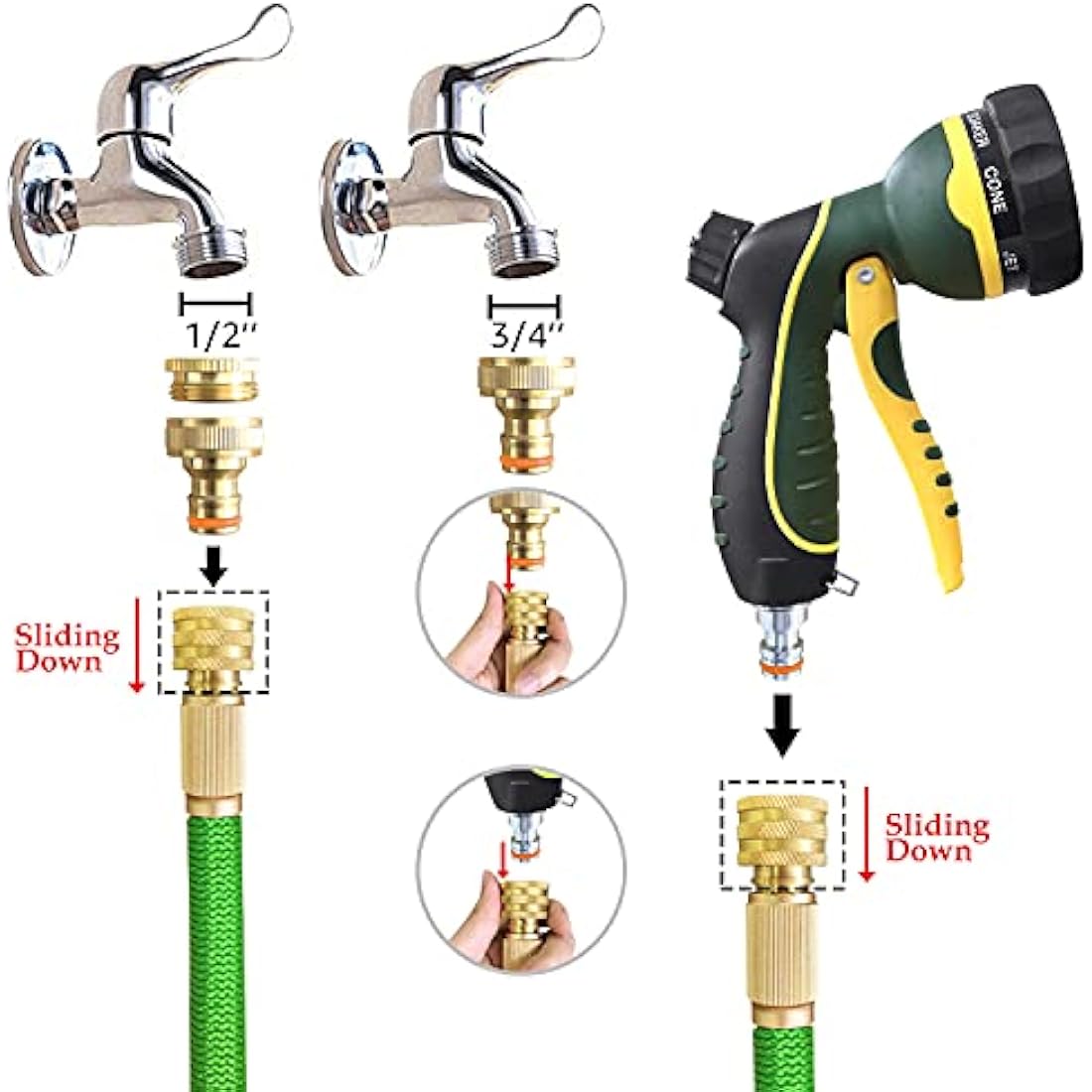 NGreen Expandable Garden Hose Pipe - Strength Durable Fabric and 12-Layer Latex Inner Tube, Lightweight Easy Storage Kink Free Water Hose, Leakproof Solid Brass Fittings with Nozzle