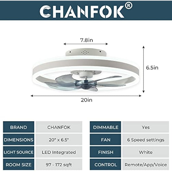 CHANFOK 20'' Smart Ceiling Fans with Lights Compatible with Alexa and Google Assistant, Low Profile Ceiling Fan with Light and Remote, APP Control, 6-Speed Reversible Blades for Bedroom (White)