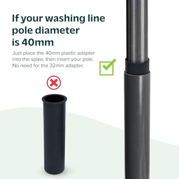 Flatro Rotary Washing Line Spike - Heavy Duty Powder Coated Metal Ground Spike for Rotary Washing Line with Two Plastic Adapters, Rotary Airer Ground Spike for Parasol - fit 32, 40, and 50mm