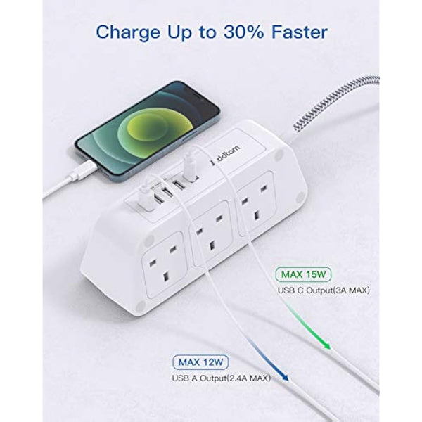 Addtam 3M Extension Cable, Extension Lead with 6 Way Outlets 5 USB(5A, 1 USB C and 4 USB A Ports), 3250W Overload Protection, 3M Braided Extension cord, Surge Protection Plug Extension Socket
