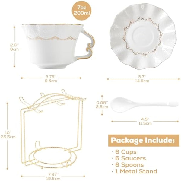 DUJUST Tea Cups and Saucers Set of 6 (200ml /7 OZ), Luxury Tea Cup Set with Golden Trim, Relief Printing Coffee Cups with Metal Stand, British Royal Porcelain Tea Party Set - White
