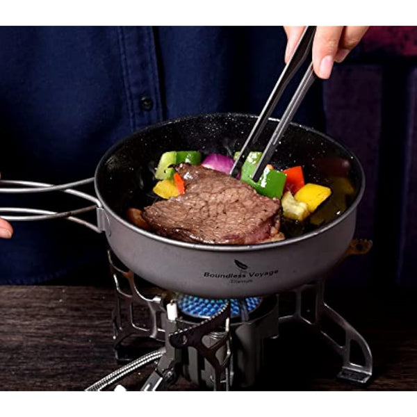 iBasingo 1000ml Titanium Frying Pan 19cm Camping Cookware with Lid & Folding handle Outdoor Lightweight Portable Griddle Hiking Skillet Dish Plate Bowl Kitchen Cooking Kit